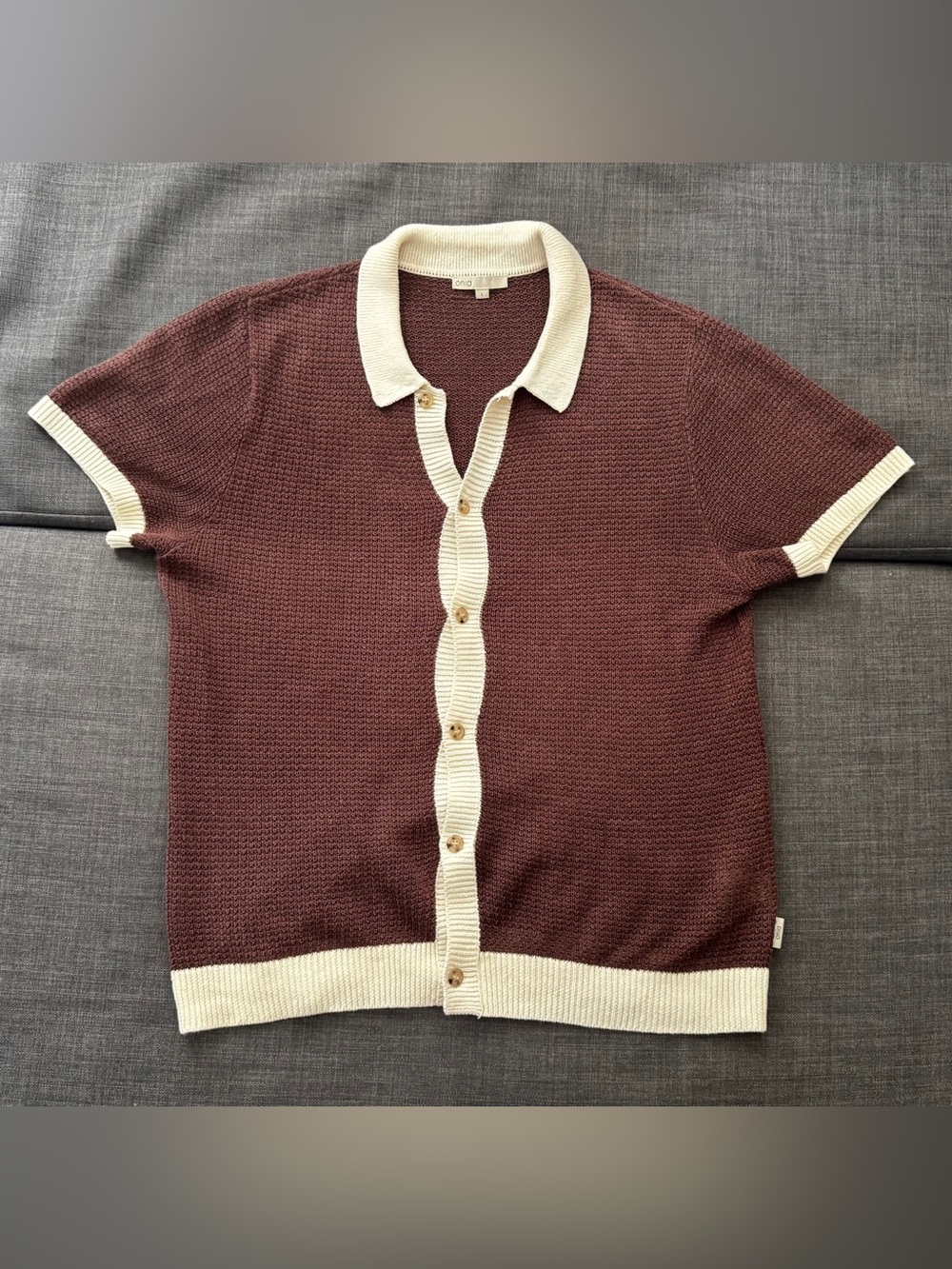 Onia knitted Shirt sweater Mens Brown Linen Short Sleeve Button Up Large $275